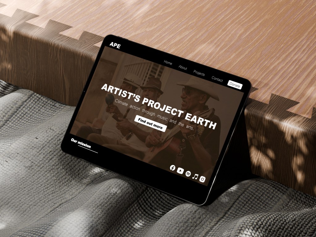 Artist's Project Earth mock website on a tablet.