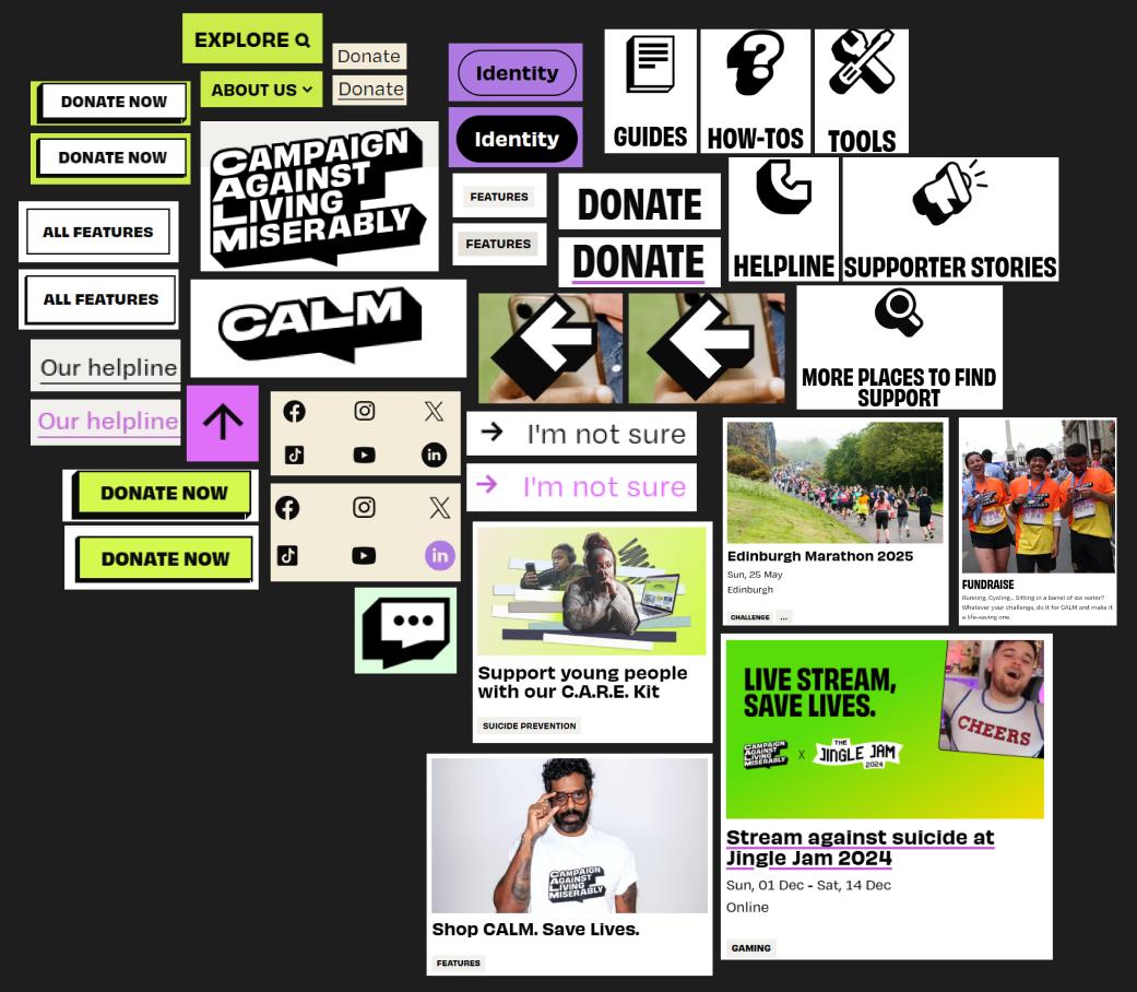 Mood board of buttons and elements from CALM's website