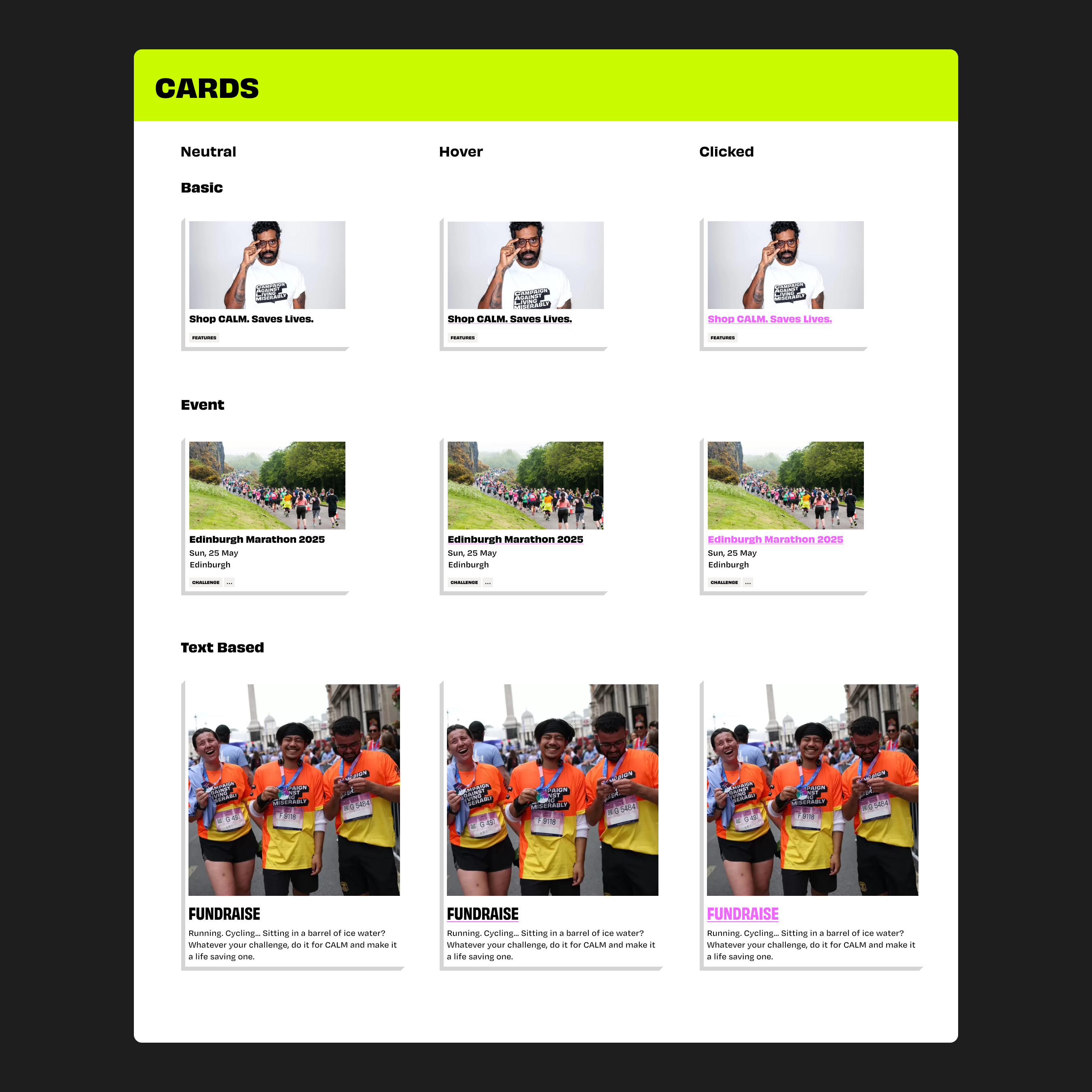 Different cards from the design system